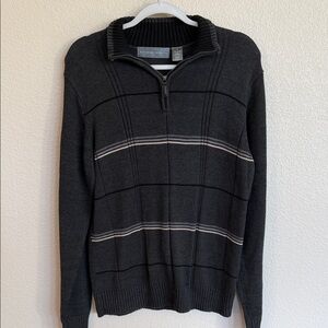 Oscar de la Renta Men's Charcoal Zip-Neck Sweater with Gray Stripes